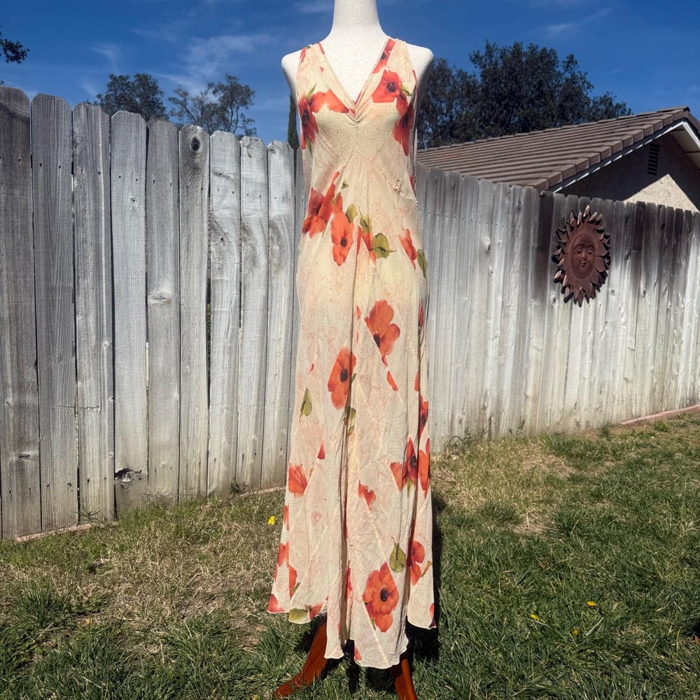 Soma Red and Cream Floral Maxi Silk Slip Dress
